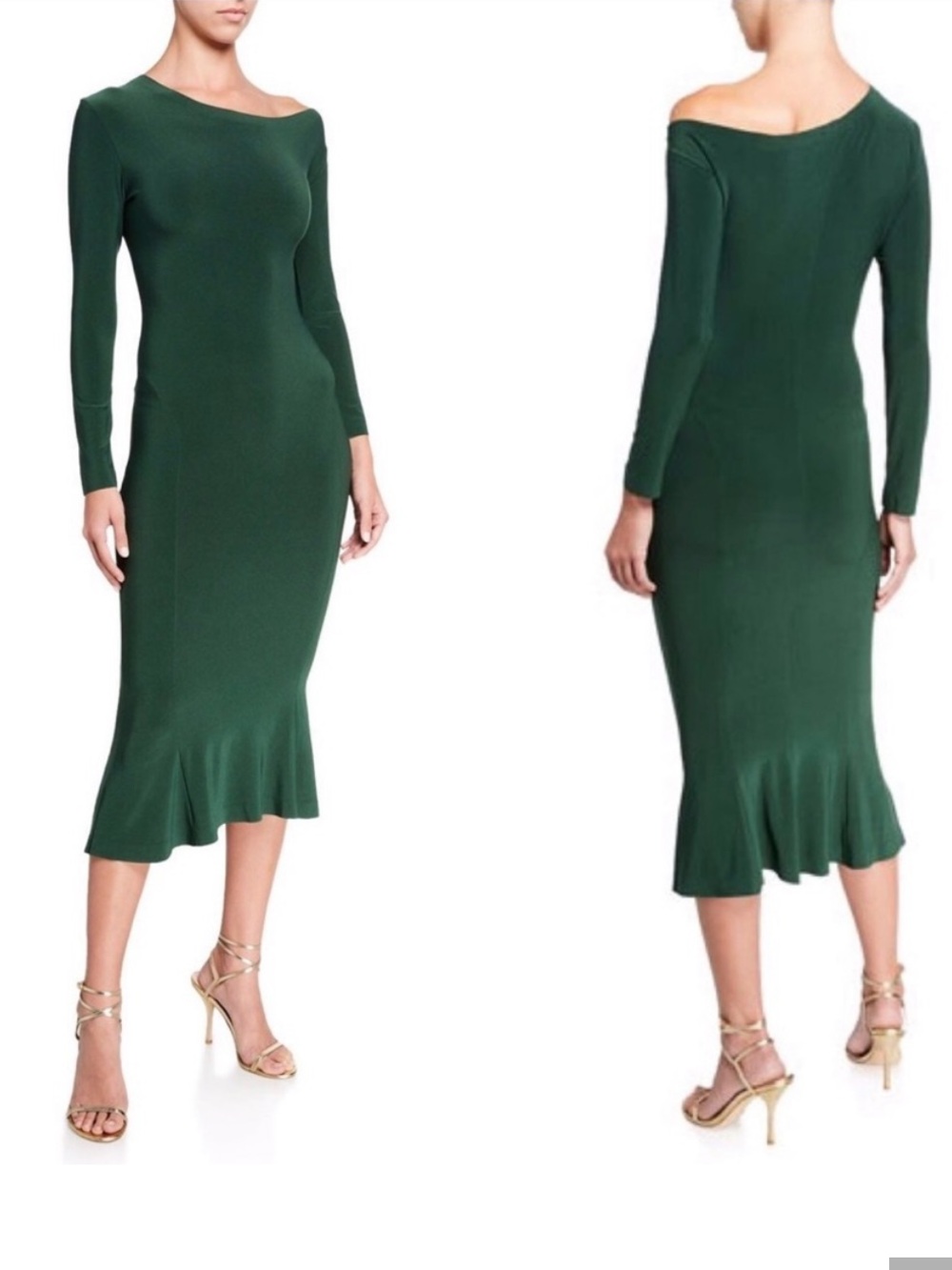 Norma Kamali Forest Green Long-Sleeve Drop Shoulder Fishtail Midi Dress